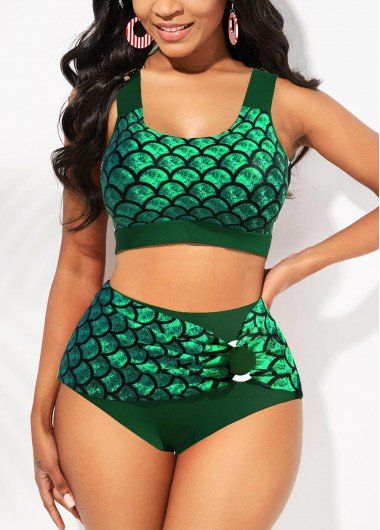 High Waisted Wide Strap Scale Print Bikini Set