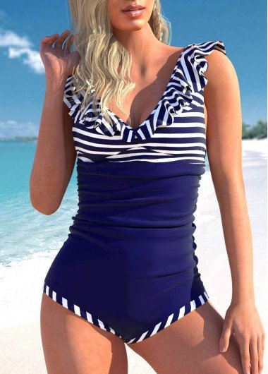 Lace Up Navy Blue Nautical Flounce One Piece Swimwear