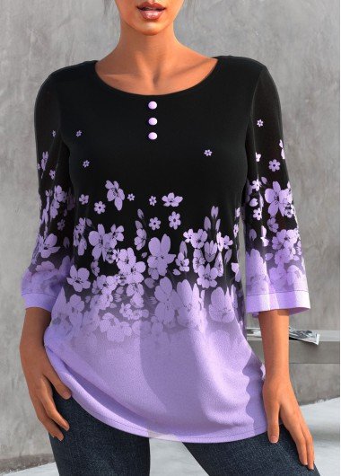 Light Purple Ombre Floral Print T Shirt