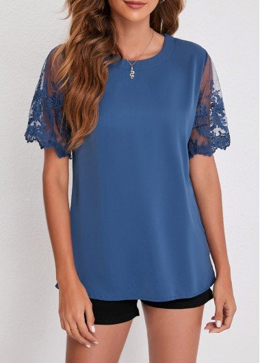 Lace Patchwork Blue Mesh Stitching T Shirt