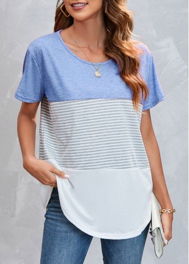 Round Neck Striped Light Blue T Shirt