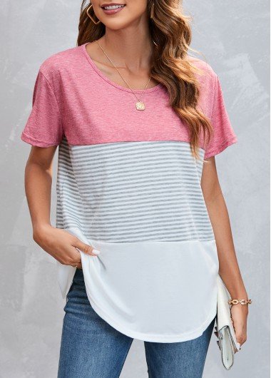 Round Neck Striped Pink T Shirt