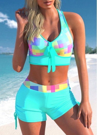 Rainbow Color Plaid Bowknot Cross Strap Bikini Set