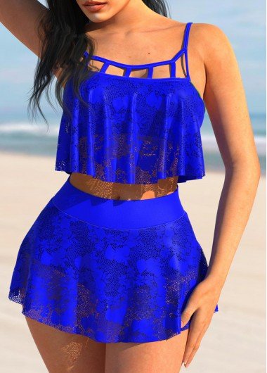 High Waisted Lace Hollow Out Royal Blue Bikini Set