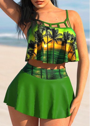 High Waisted Scape Print Green Bikini Set