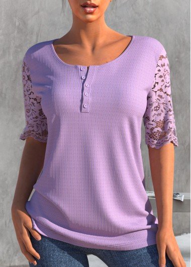 Lace Stitching Light Purple Pit Fabric T Shirt