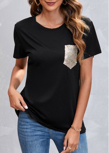 Sequin Pocket Black Round Neck T Shirt