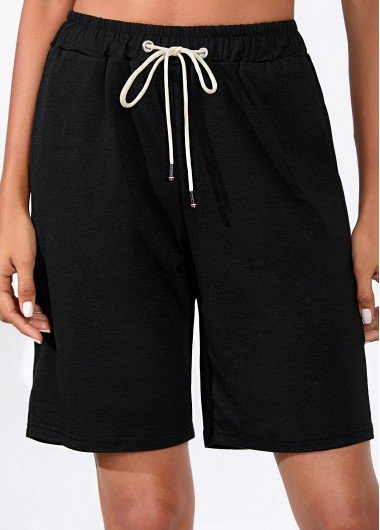 Drawstring Waist Double Side Pockets Black Shorts