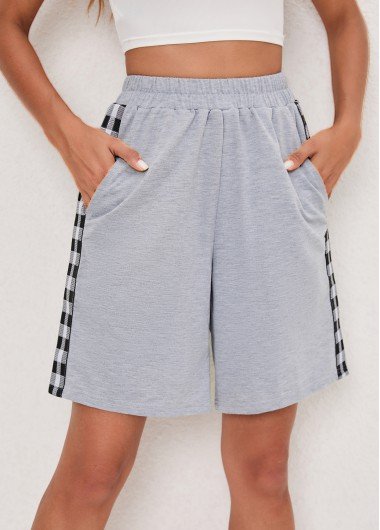 Plaid Light Grey High Waisted Pockets Shorts