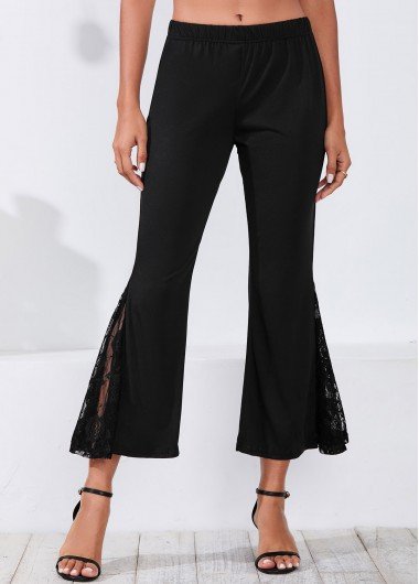 Lace Stitching Mid Waist Black Flare Pants