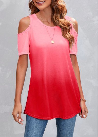 Rose Red Ombre Cold Shoulder T Shirt