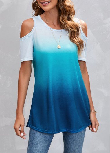 Blue Cold Shoulder Ombre T Shirt