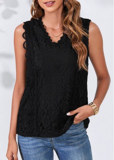 Lace Stitching V Neck Black Tank Top