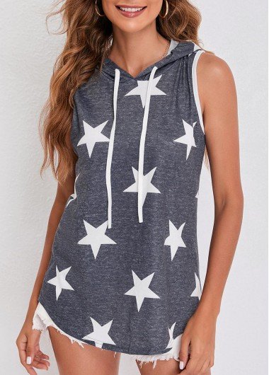 Star Print Light Grey Hooded Collar Tank Top