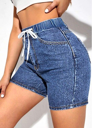 High Waisted Drawstring Detail Blue Denim shorts