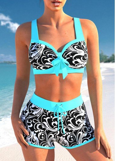 Contrast Stitch Cyan Floral Print Bikini Set