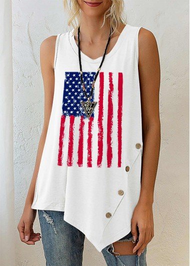 American Flag Print White Asymmetric Hem Tank Top