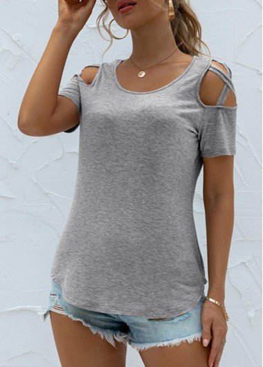 Cold Shoulder Light Grey Round Neck T Shirt