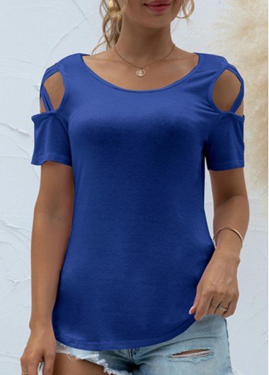 Cold Shoulder Round Neck Royal Blue T Shirt