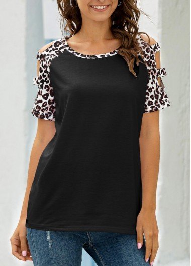 Black Leopard Ladder Cutout Round Neck T Shirt