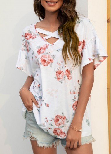 Cross Strap Floral Print White T Shirt