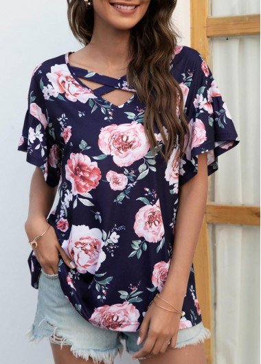 Cross Strap Floral Print Navy Blue T Shirt