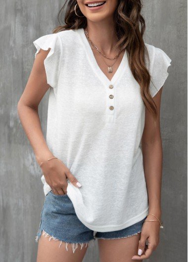 White Flounce Button Detail T Shirt