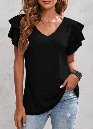 Black Layered Ruffle Sleeve V Neck T Shirt