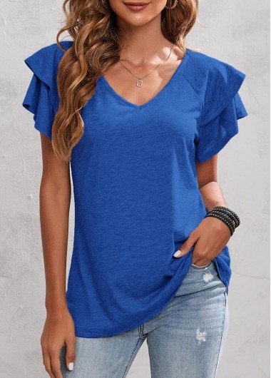 Layered Ruffle Sleeve Royal Blue V Neck T Shirt