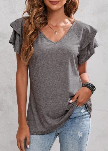 Light Grey Layered Bell Sleeve V Neck T Shirt