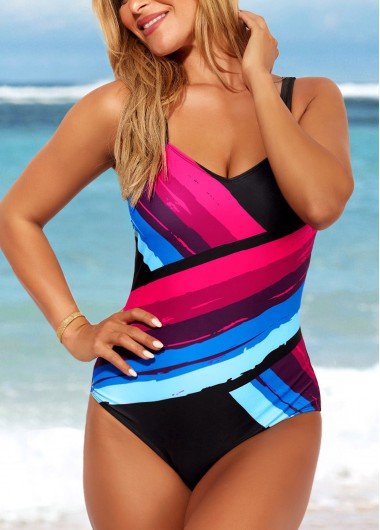 Striped Wide Strap Black One Piece Swimwear