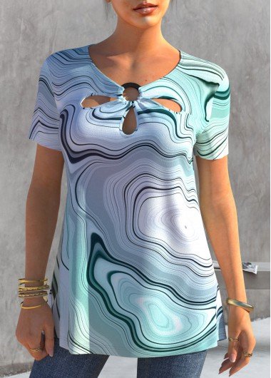 Cage Neck Cyan Printed Short Sleeve T Shirt