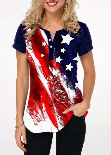 American Flag Print Multi Color Crinkle Chest T Shirt