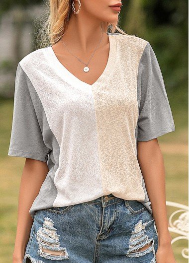 Contrast Light Grey V Neck T Shirt