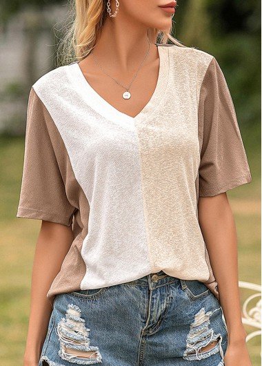 Light Tan V Neck Short Sleeve T Shirt