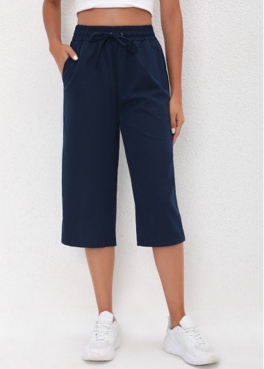 High Waisted Drawstring Navy Blue Pants