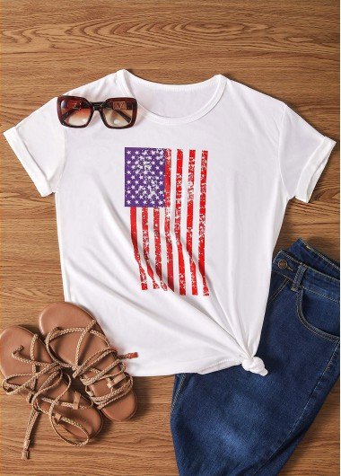 American Flag Print Short Sleeve White T Shirt