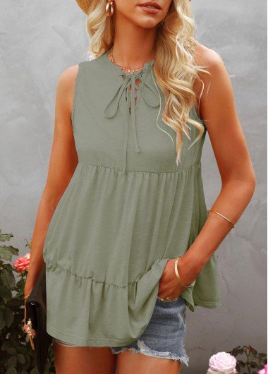 Sage Green Lace Up Split Neck Tank Top