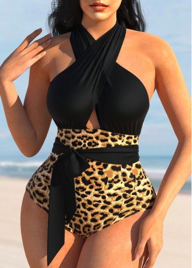 Leopard Black Cross Halter One Piece Swimwear