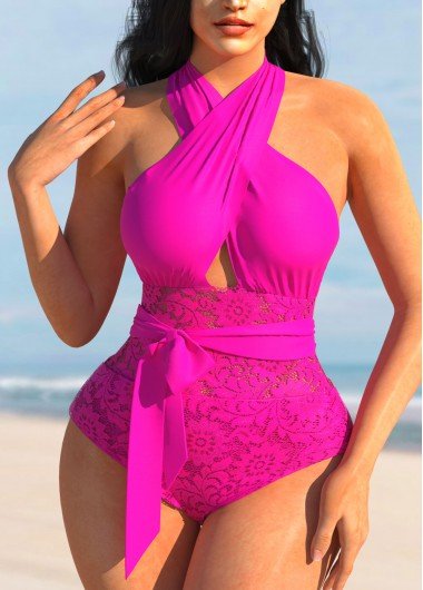 Cross Halter Lace Stitching Rose Red One Piece Swimwear