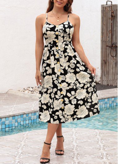 Floral Print Black Tie Back Cover Up Dress