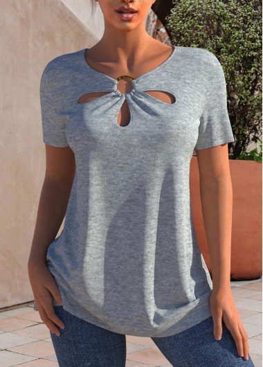 Cutout Neck Grey Marl Short Sleeve T Shirt