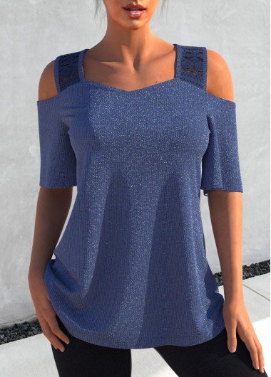 Glitter Fabric Cold Shoulder Dusty Blue T Shirt