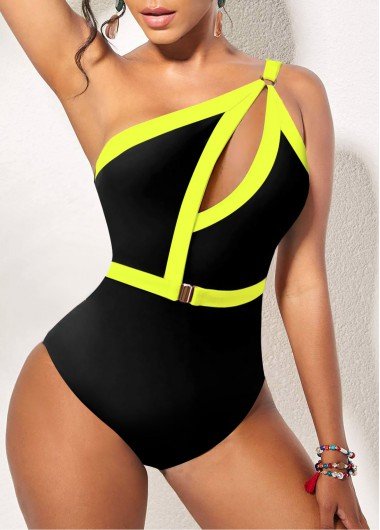 Contrast Stitch Asymmetric Design Yellow Cutout One Piece Swimwear