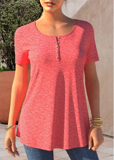 Short Sleeve Pink Button Detail T Shirt