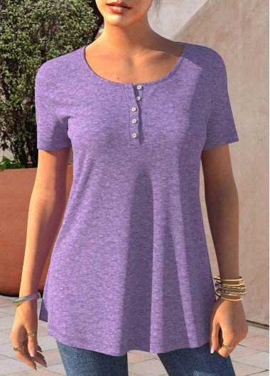 Short Sleeve Light Purple Button Detail T Shirt