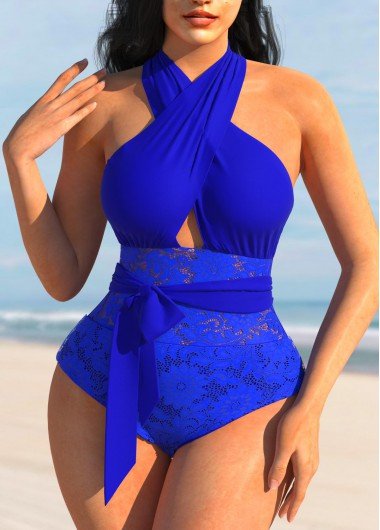 Lace Stitching Cross Strap One Piece Swimwear