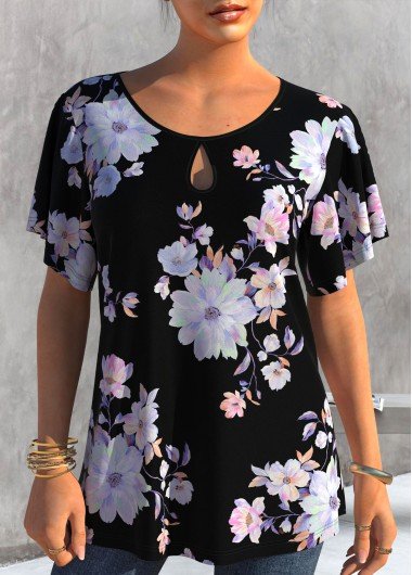 Floral Print Short Sleeve Black T Shirt