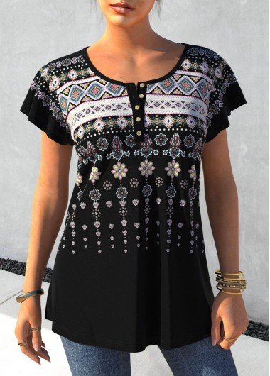 Tribal Print Short Sleeve Round Neck Black T Shirt