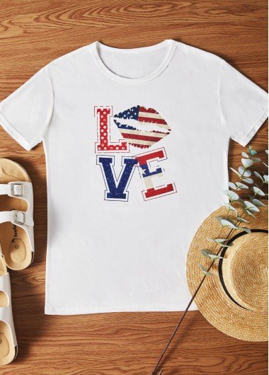 American Flag Print Round Neck White T Shirt